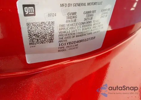 2024 Chevrolet Corvette Stingray Rwd 2Lt z USA, uszkodzony, nr VIN 1G1YB2D40R5127359